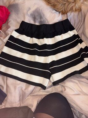 High-Waist Black & White Striped Knit Shorts